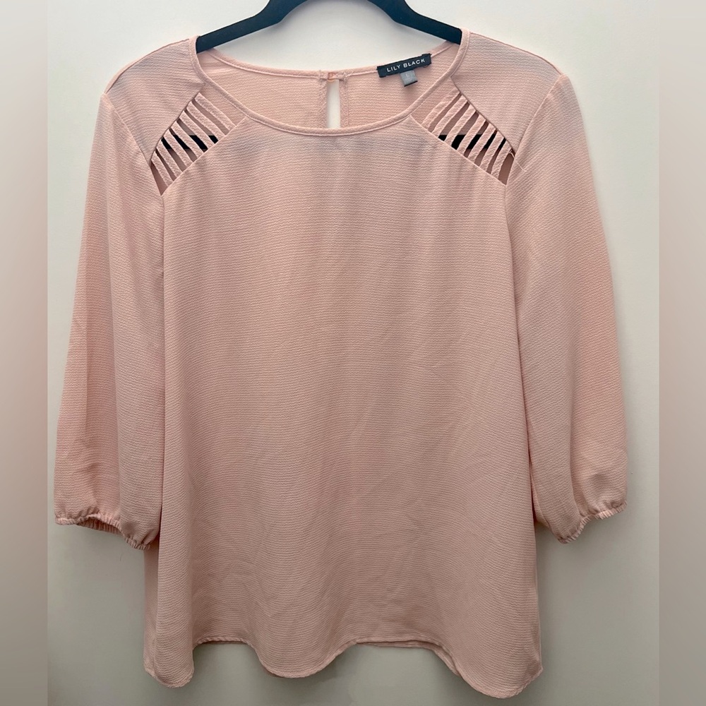 Lily Black Light Pink Chiffon 3/4 Sleeve Cutout Blouse, Size L